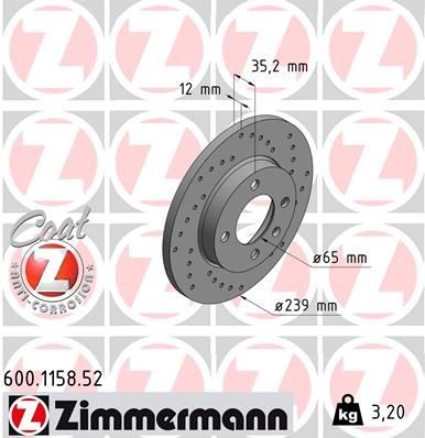 ZIMMERMANN SPORT COAT Z 600.1158.52 Brake disc 239x12mm, 5/4, 4x100, solid, Perforated, Coated