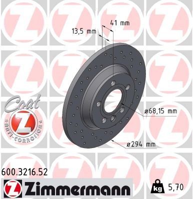 ZIMMERMANN SPORT COAT Z 600.3216.52 Brake disc 294x14mm, 6/5, 5x112, solid, Perforated, Coated