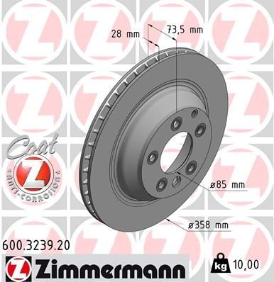 ZIMMERMANN COAT Z 600.3239.20 Brake disc 358x28mm, 7/5, 5x130, Externally Vented, Coated, High-carbon