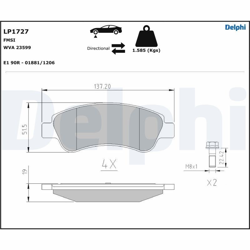 LP1727 Set of brake pads LP1727 DELPHI not prepared for wear indicator, with anti-squeak plate, with accessories