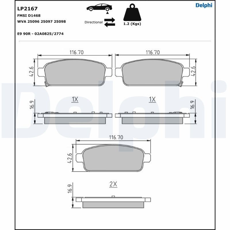 LP2167 Set of brake pads D1468 DELPHI with acoustic wear warning, with anti-squeak plate, without accessories