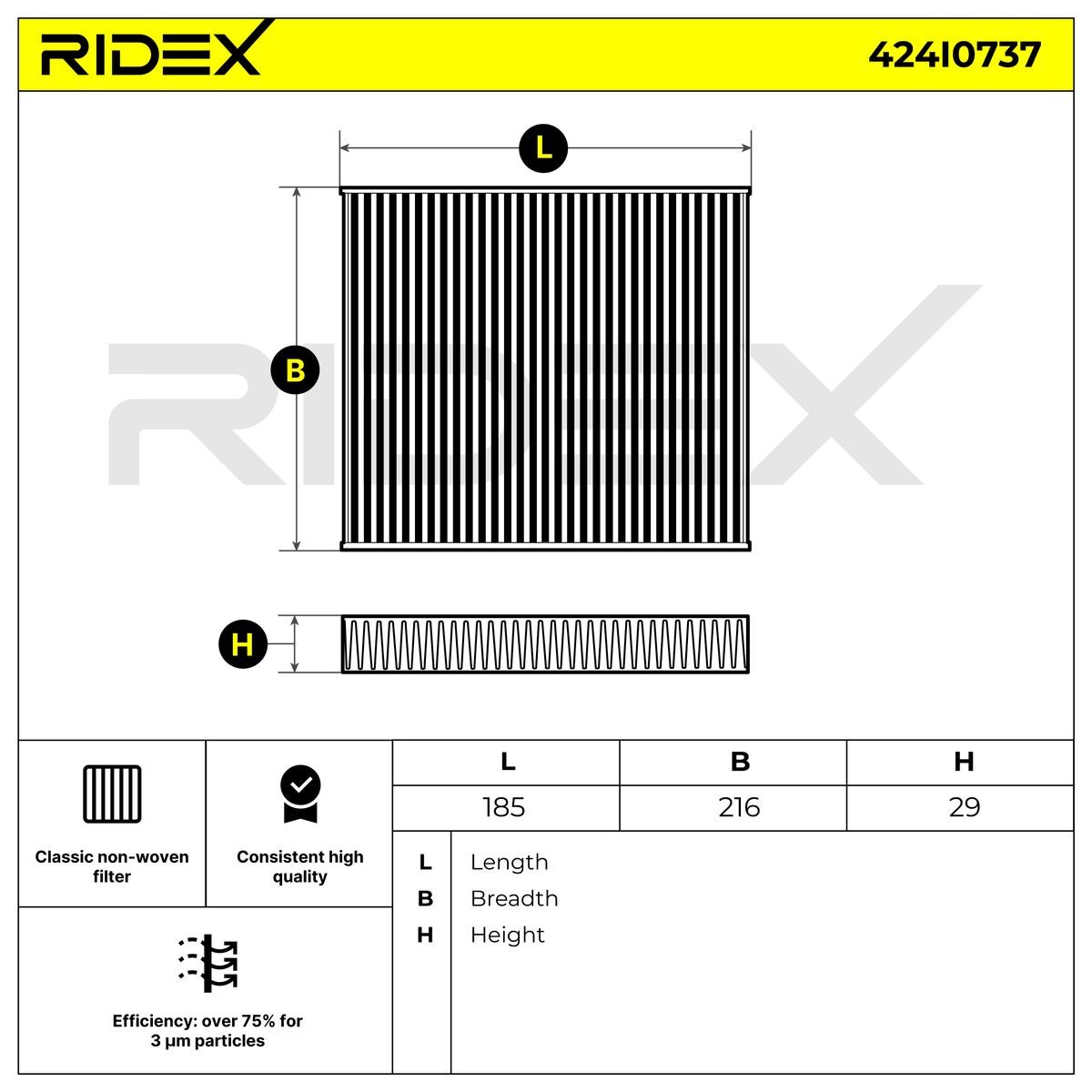 424I0737 Air con filter 424I0737 RIDEX Pollen Filter, 185 mm x 216 mm x 29 mm