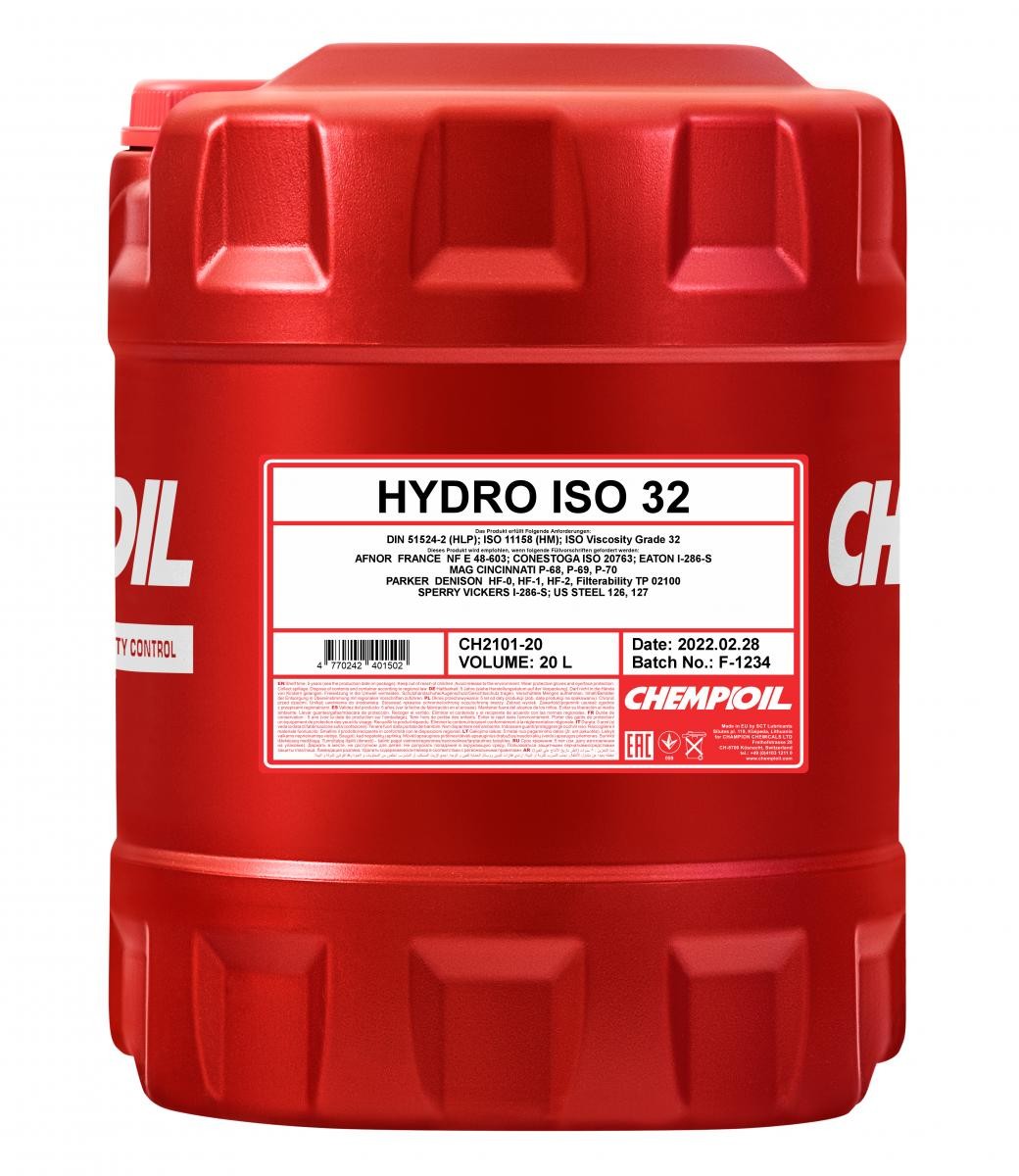 CHEMPIOIL Hydro, ISO 32 Capacity: 20l ISO 11158 HM, DIN 51524-2 HLP, Afnor NF E 48 Hydraulic fluid CH2101-20 buy