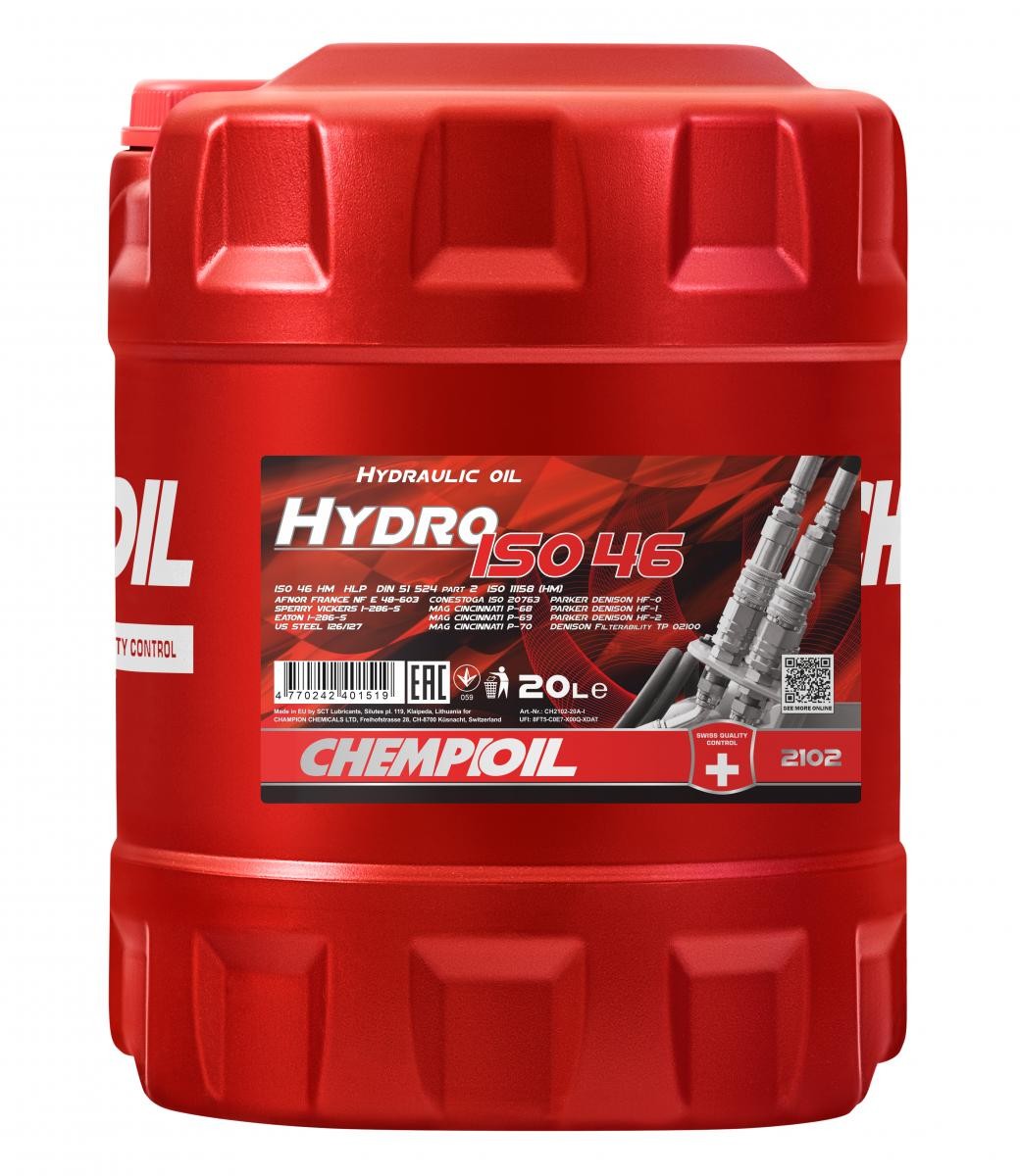 CHEMPIOIL Hydro, ISO 46 Capacity: 20l ISO 11158 HM, DIN 51524-2 HLP, AFNOR NF E 48-603 Hydraulic fluid CH2102-20 buy