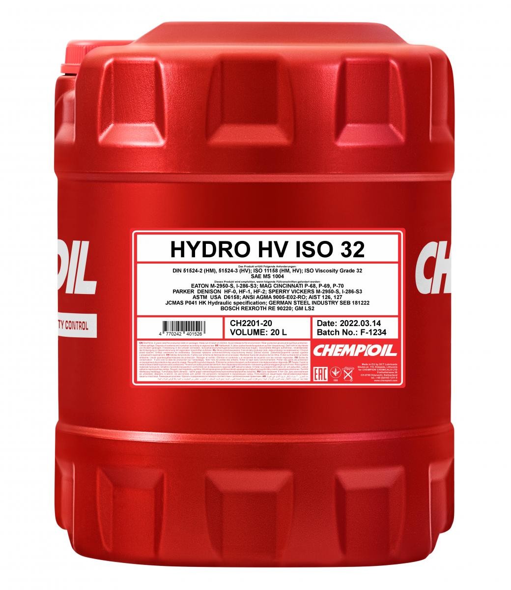 CHEMPIOIL Hydro HV, ISO 32 Capacity: 20l SAE MS 1004, DIN 51524-2 HM, DIN 51524-3 HV, ISO 11158 HM, ISO 11158 HV, ASTM USA D6158 Hydraulic fluid CH2201-20 buy