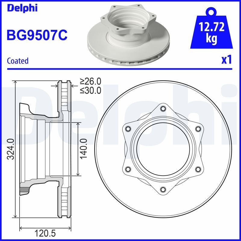 DELPHI 324x30mm, 6, Vented, Coated, Untreated Ø: 324mm, Num. of holes: 6, Brake Disc Thickness: 30mm Brake rotor BG9507C buy