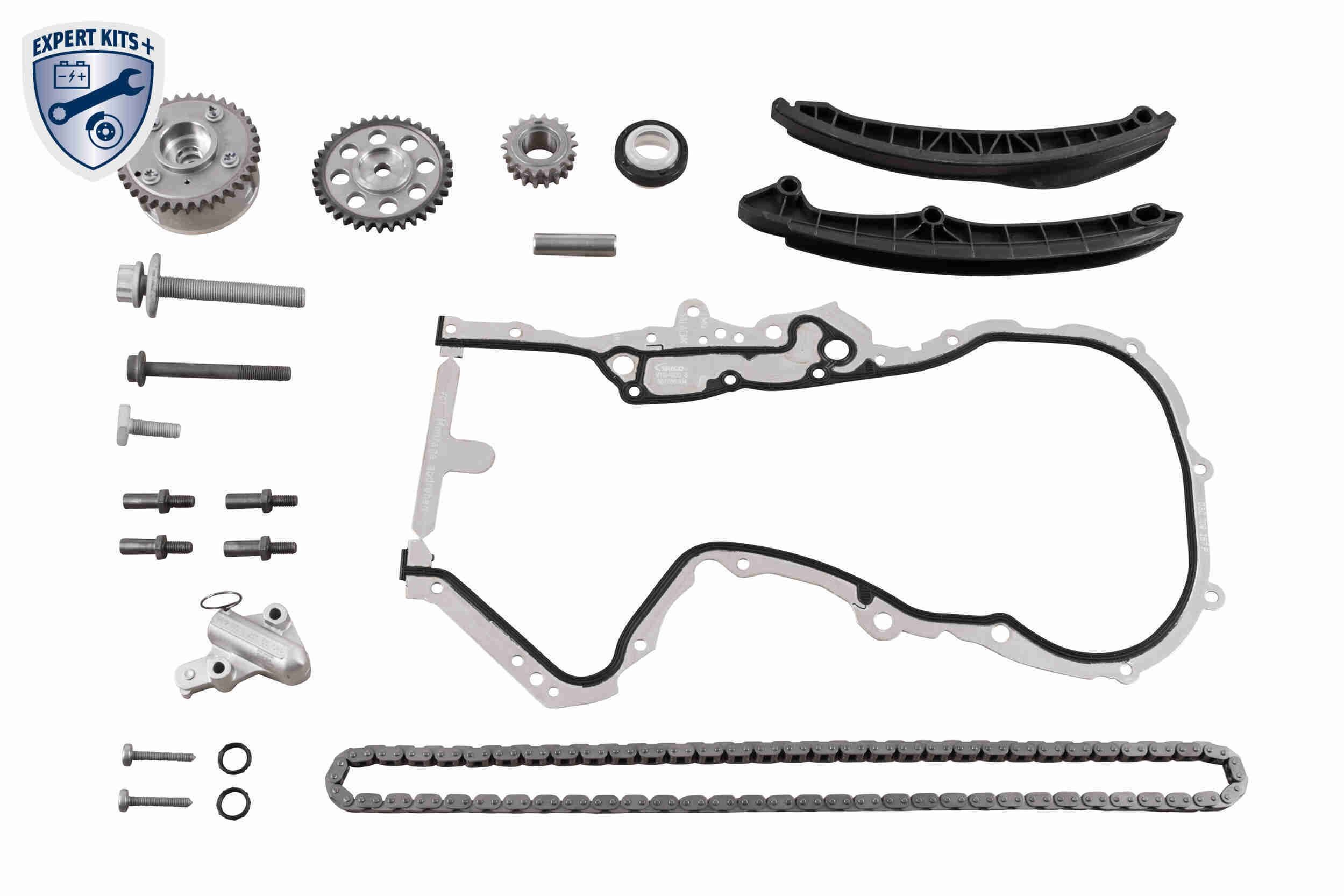 VAICO with gears, with camshaft adjuster, with chain tensioner, with slide rails, with gaskets, with bolts/screws, for camshaft, Silent Chain, Closed chain Timing chain set V10-10010-SP buy