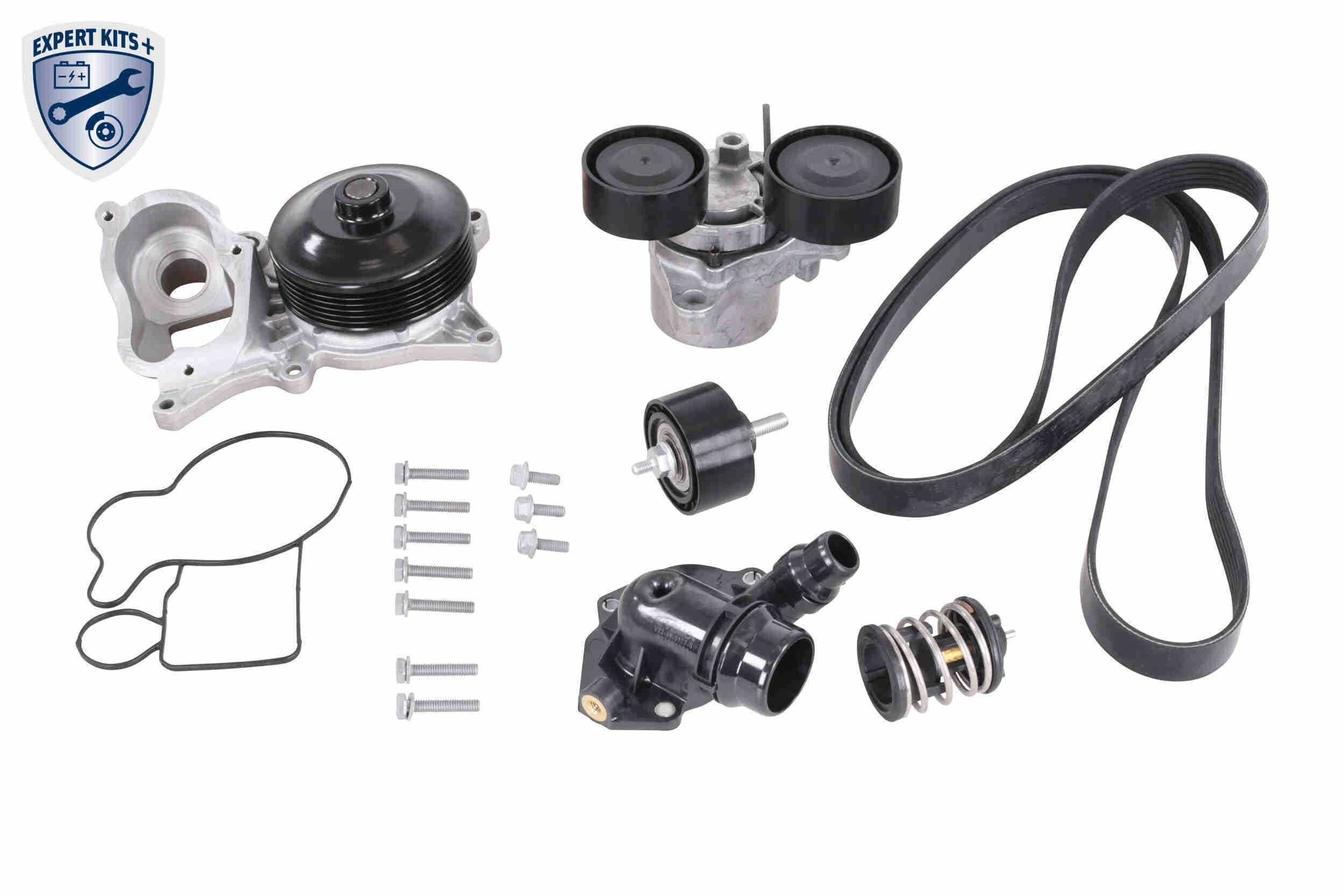 Water pump + timing belt kit VAICO with tensioner arm, tensioner pulley, with gaskets/seals, with water pump, with bolts/screws, with belt, with thermostat L: 2143 mm - V20-50102-BEK