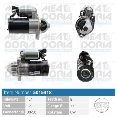 MEAT & DORIA 5015318 Starter motor 12V, 1,7kW, Number of Teeth: 8, 30-50, Ø 77 mm