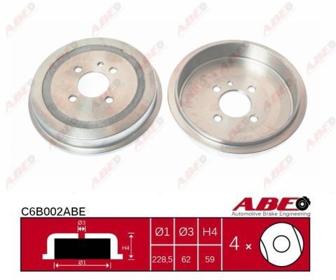 C6B002ABE ABE Brake drum BMW without wheel bearing, 228,6mm, Rear Axle, Ø: 228,6mm