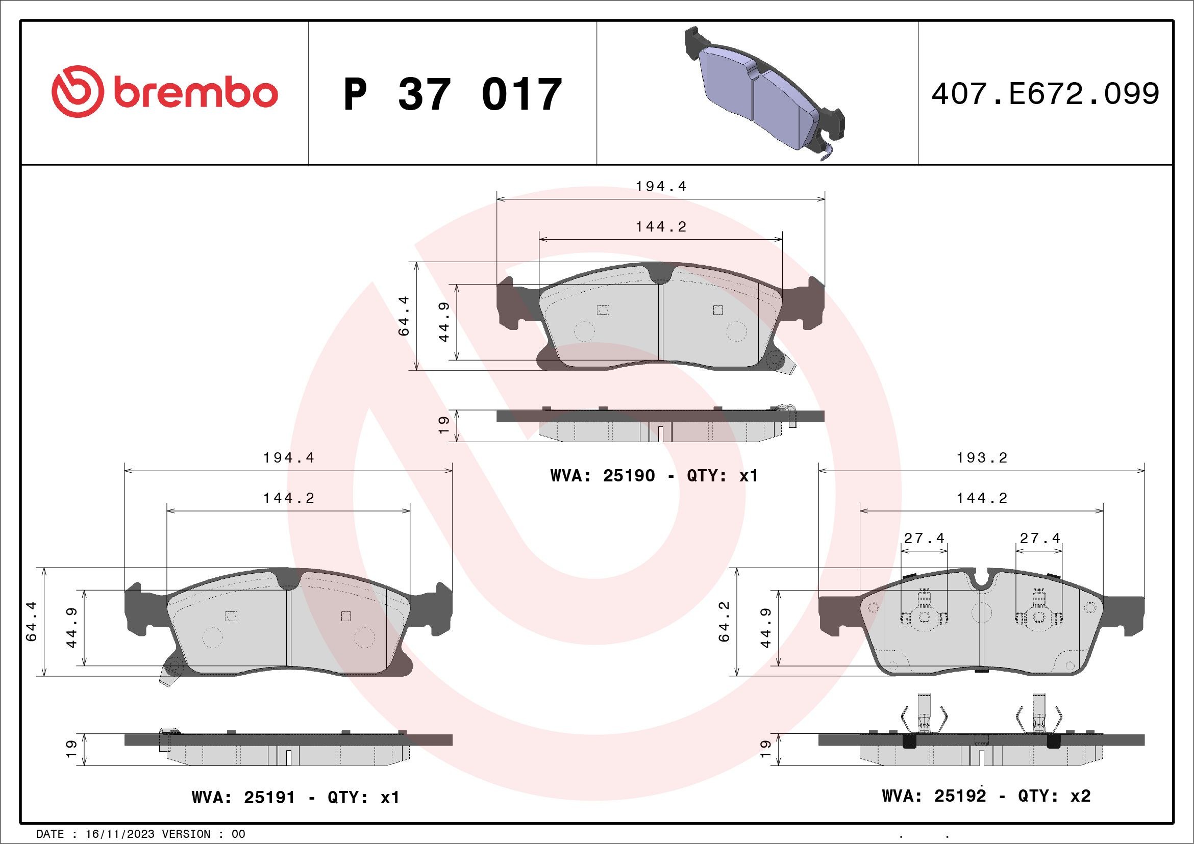 BREMBO P37017X Brake pad set 2AMV-3369-AA