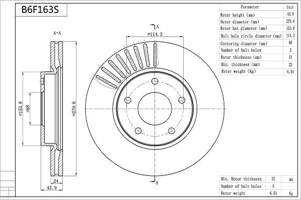 AISIN 279,6x24mm, 5x114,3, Vented, Coated Ø: 279,6mm, Num. of holes: 5, Brake Disc Thickness: 24mm Brake rotor B6F163S buy