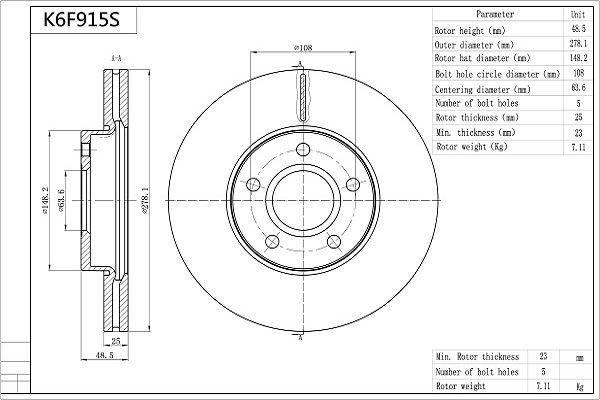 AISIN 278,1x25mm, 5x108, Vented, Coated Ø: 278,1mm, Num. of holes: 5, Brake Disc Thickness: 25mm Brake rotor K6F915S buy
