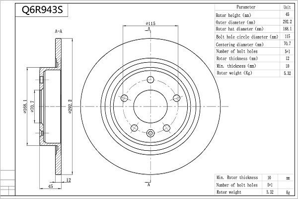 AISIN 292,2x12mm, 5x115, solid, Coated Ø: 292,2mm, Num. of holes: 5, Brake Disc Thickness: 12mm Brake rotor Q6R943S buy