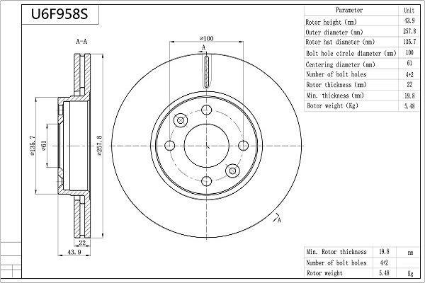Brake disc set AISIN 257,8x22mm, 4x100, Vented, Coated - U6F958S