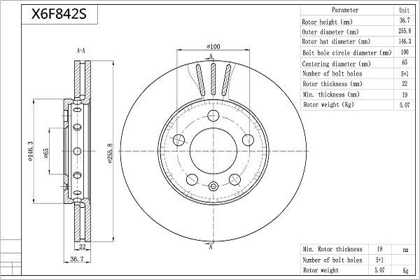 Disc brake set AISIN 255,8x22mm, 5x100, Vented, Coated - X6F842S