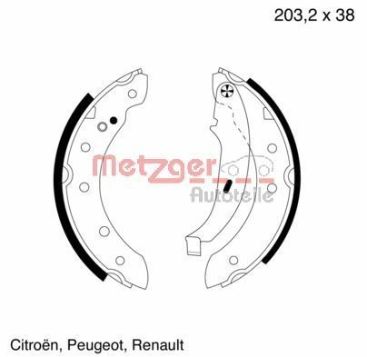 METZGER MG 584 Brake Shoe Set Rear Axle, 203 x 38 mm, with lever