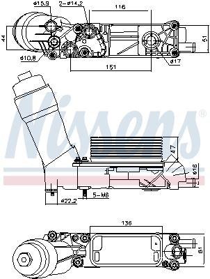 91335 NISSENS Engine oil cooler JEEP with oil filter housing, with gaskets/seals