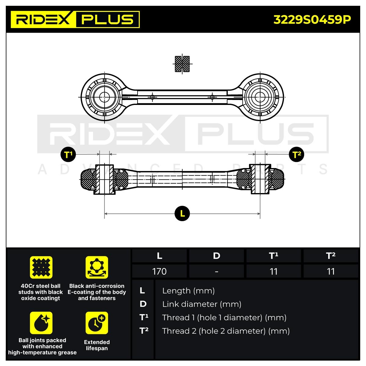RIDEX PLUS 3229S0459P Link rod Front Axle Right, Front Axle Left, 300mm, M12X1,5, with spanner attachment, Steel