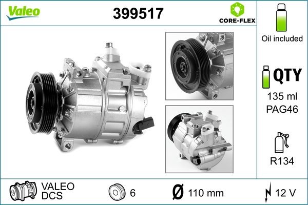 399517 VALEO Air con compressor SKODA DCS, 12V, PAG 46, R 134a, with PAG compressor oil