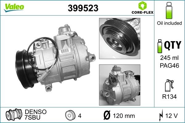 399523 VALEO Air con compressor SKODA 7SBU, 12V, PAG 46, R 134a, with PAG compressor oil