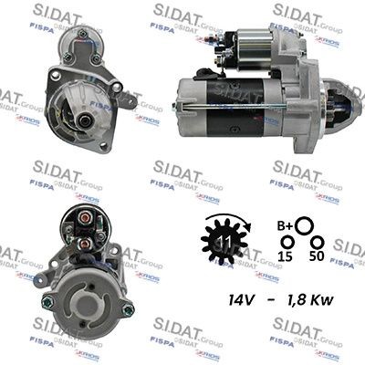SIDAT S12MA0112A2 Starter motor 12V, 1,8kW, Number of Teeth: 11, B+ M8, Ø 76 mm