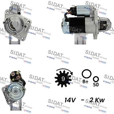 SIDAT S12MH0329A2 Starter motor 12V, 2kW, Number of Teeth: 9, B+ M8, Ø 83 mm