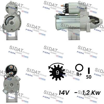 SIDAT S12VA0342A2 Starter motor 12V, 1,2kW, Number of Teeth: 9, B+ M8, Ø 62 mm