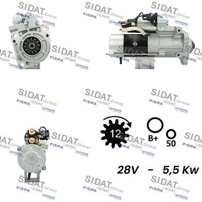 SIDAT S24MH0075A2 Starter motor 24V, 5,5kW, Number of Teeth: 12, B+ M10, Ø 89 mm