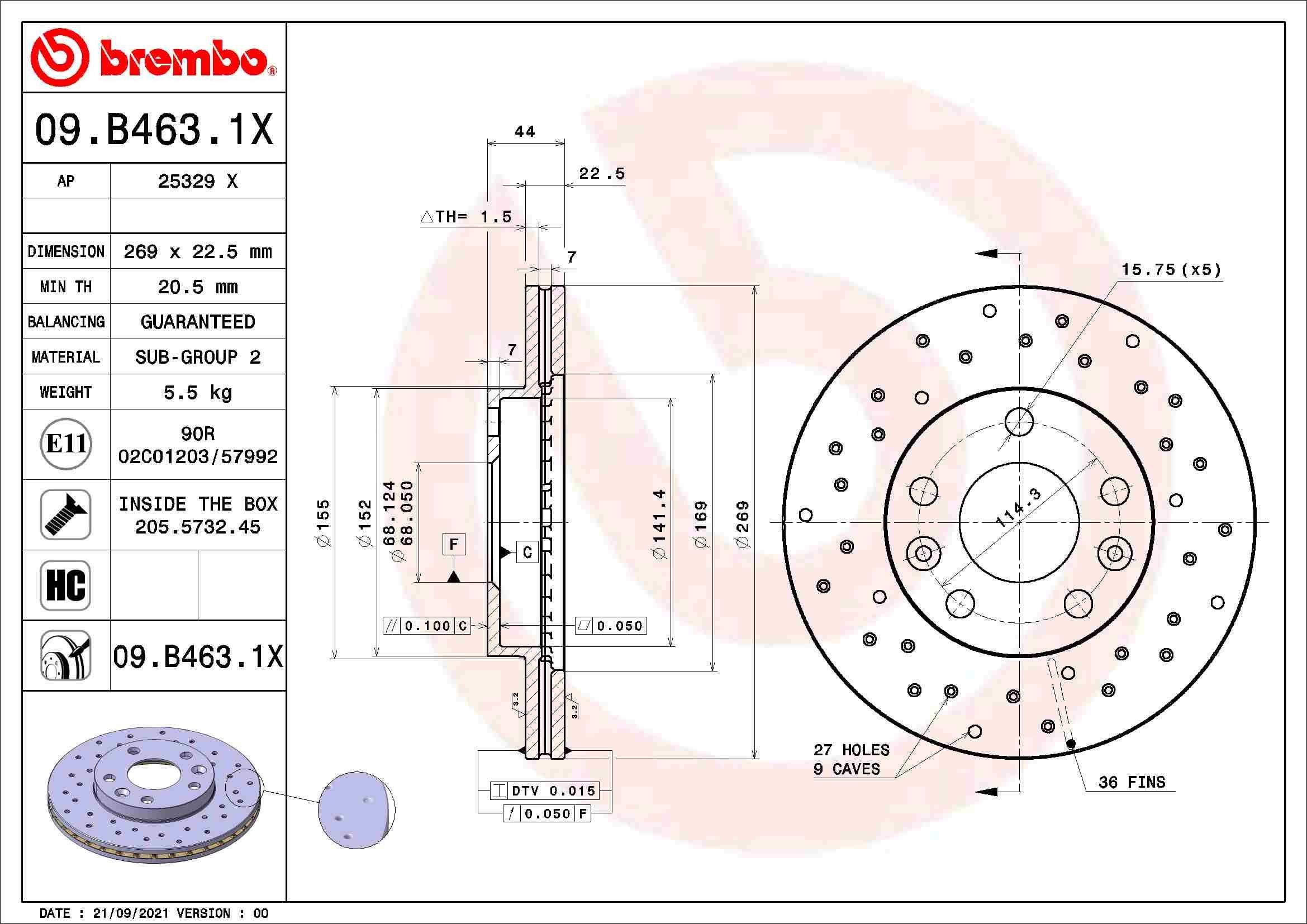 Original 09.B463.1X BREMBO Brake discs and rotors DACIA