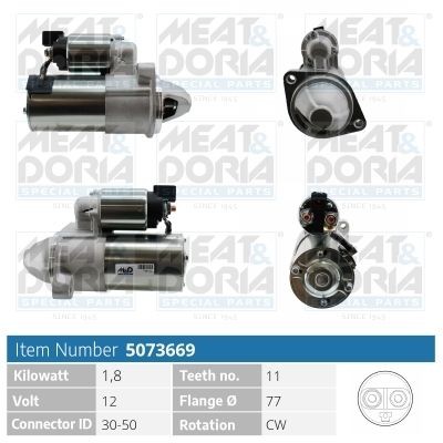MEAT & DORIA 5073669 Starter motor 12V, 1,8kW, Number of Teeth: 11, 30-50, Ø 77 mm
