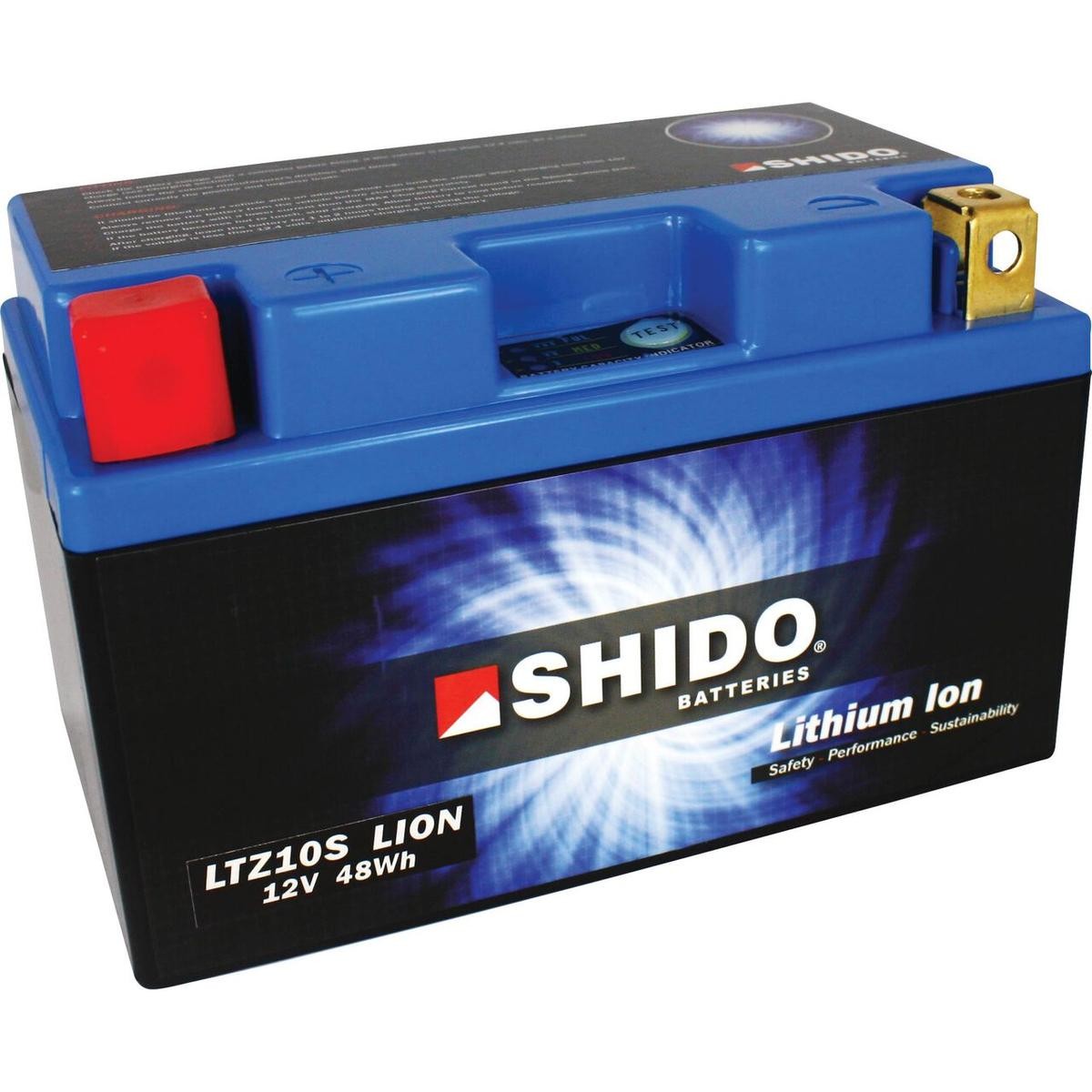 KAWASAKI NINJA Batterie 12V 4Ah 240A strap mit Ladezustandsanzeige, Kippwinkel bis 180°, Li-Ionen-Batterie, Lithium-Ferrum-Batterie (LiFePO4), Pluspol links Shido LTZ10SLION-S-