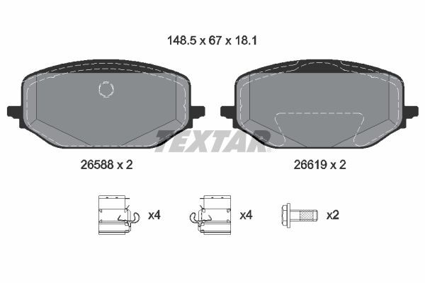 26588 TEXTAR not prepared for wear indicator, with brake caliper screws, with accessories Height: 67mm, Width: 148,5mm, Thickness: 18,1mm Brake pads 2658801 buy
