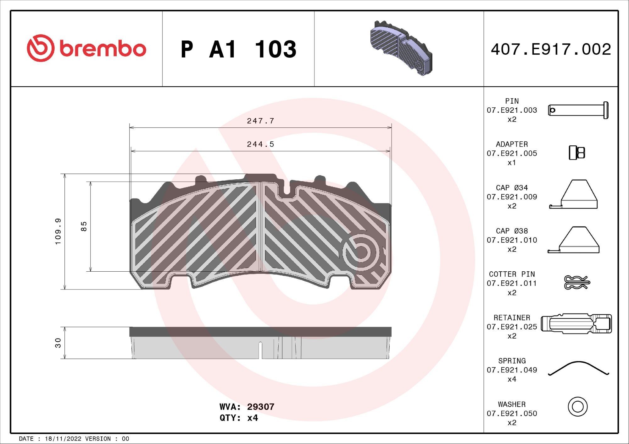 BREMBO PA1103 Brake pad set 0980106450
