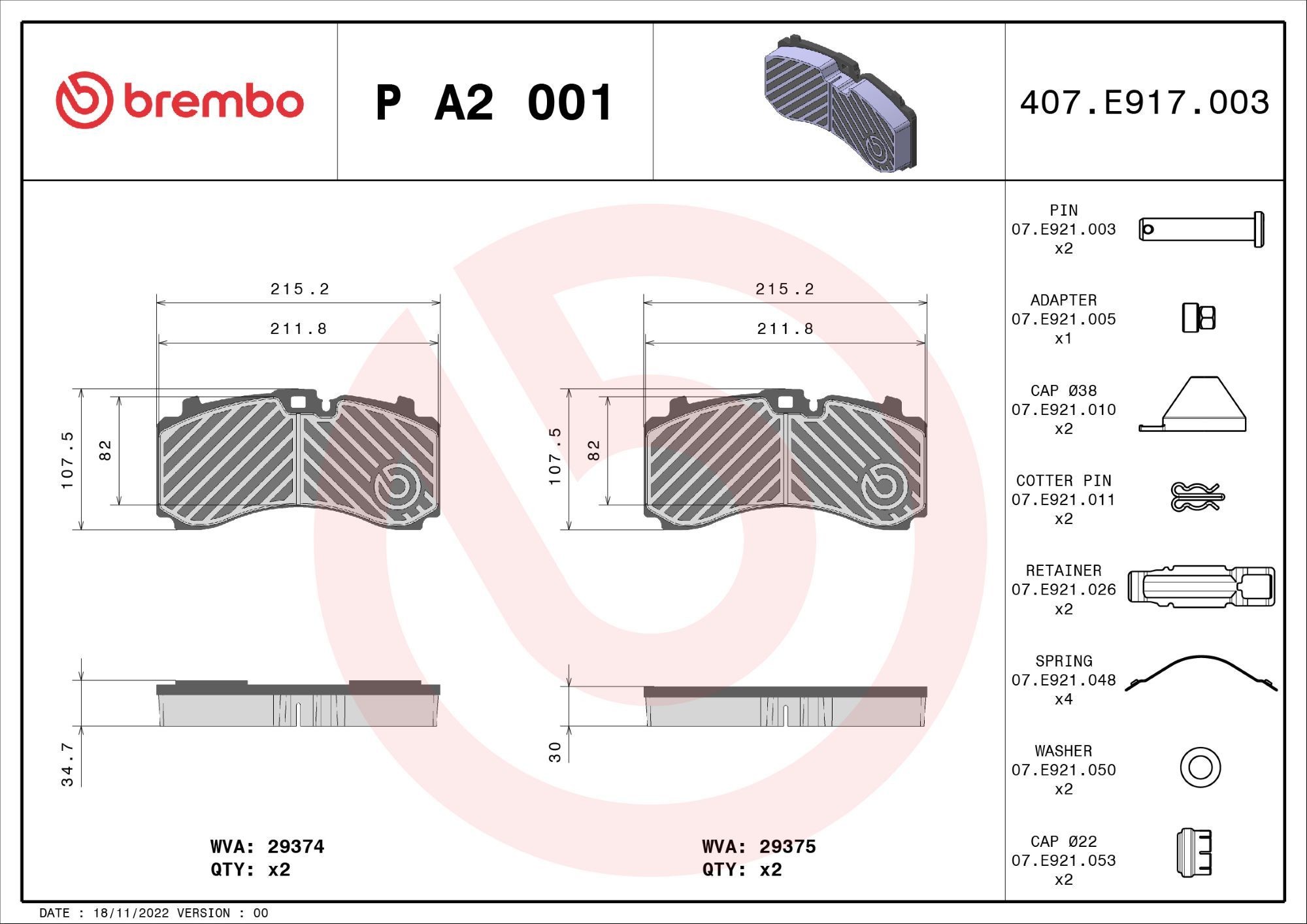 BREMBO PA2001 Brake pad set 1178243