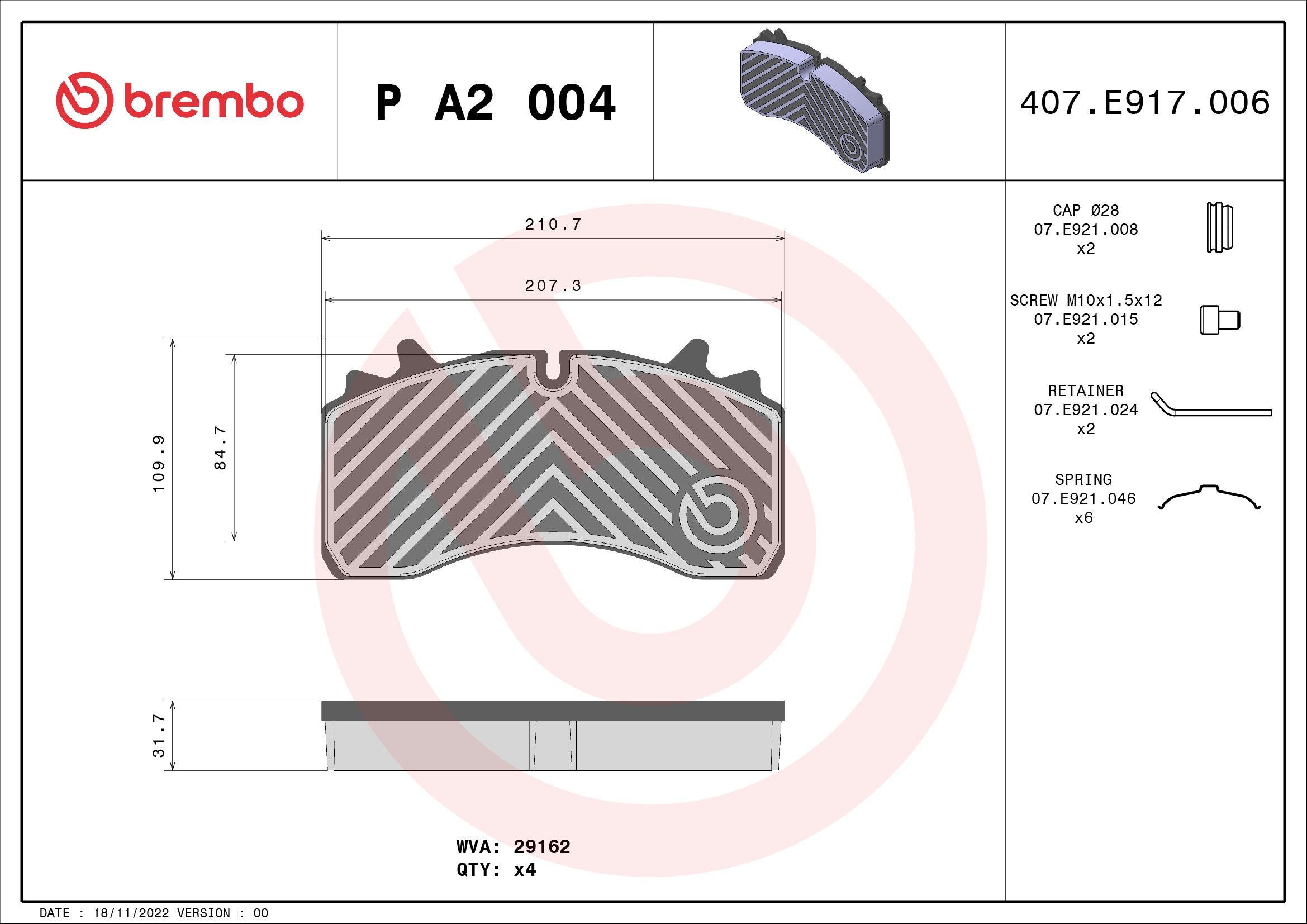 BREMBO für Verschleißwarnanzeiger vorbereitet, mit Zubehör Höhe: 110mm, Breite: 211mm, Dicke/Stärke: 32mm Bremsbeläge P A2 004 kaufen