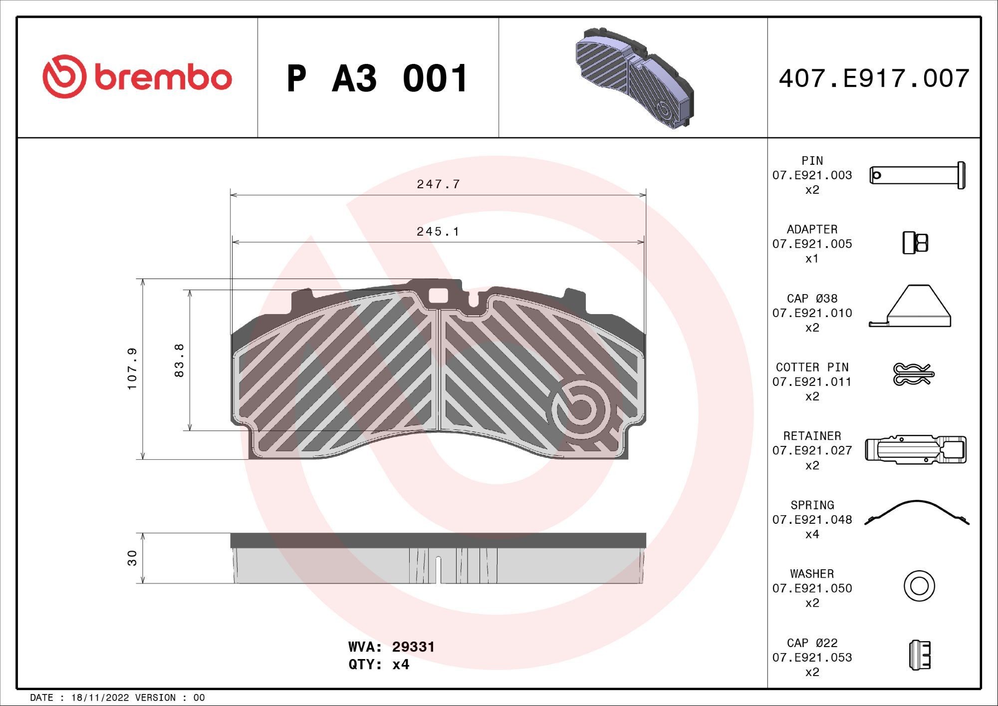 BREMBO P A3 001 Bremsbeläge für SCANIA 4 - series LKW in Original Qualität