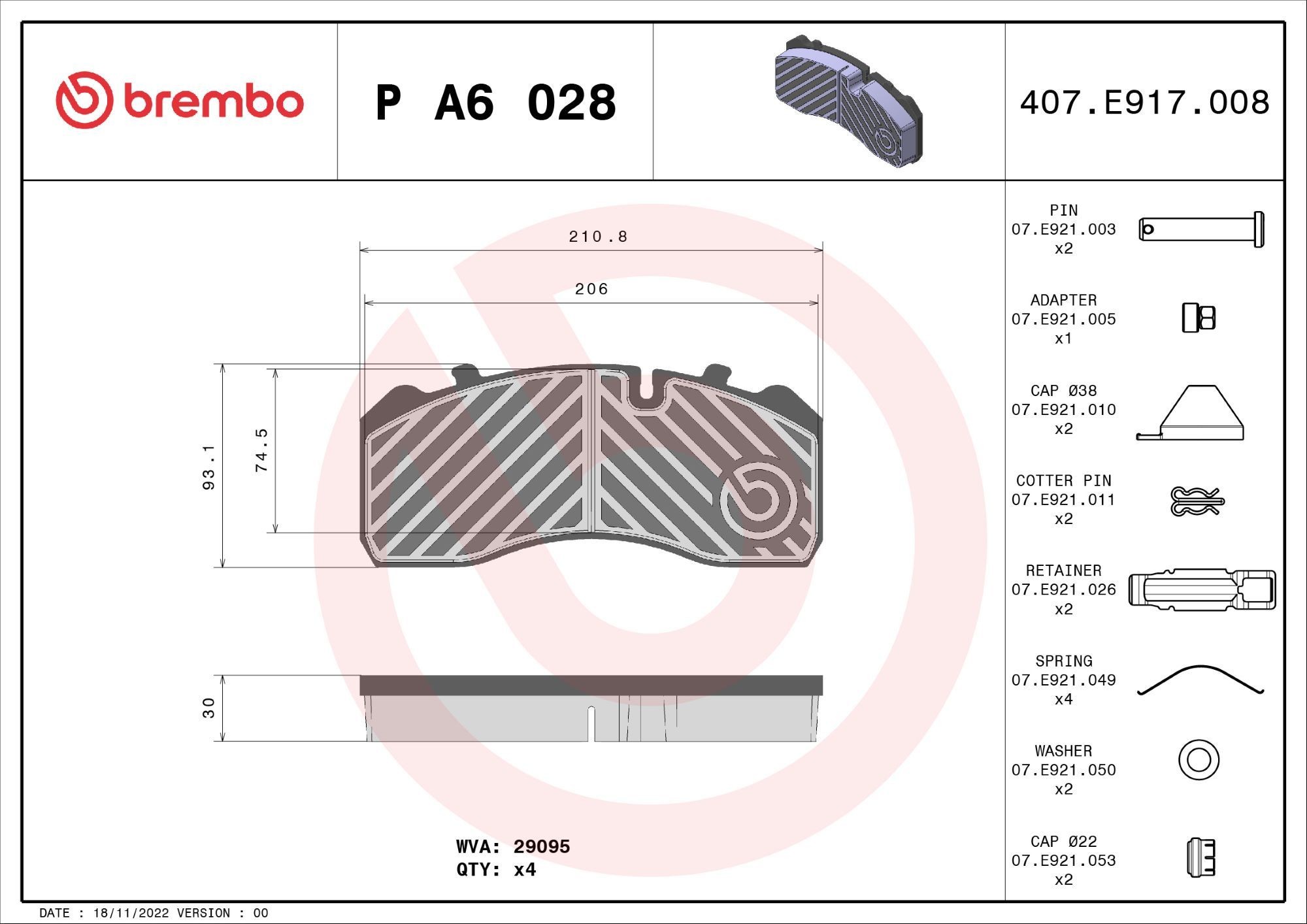 BREMBO prepared for wear indicator, with accessories Height: 93mm, Width: 211mm, Thickness: 30mm Brake pads P A6 028 buy
