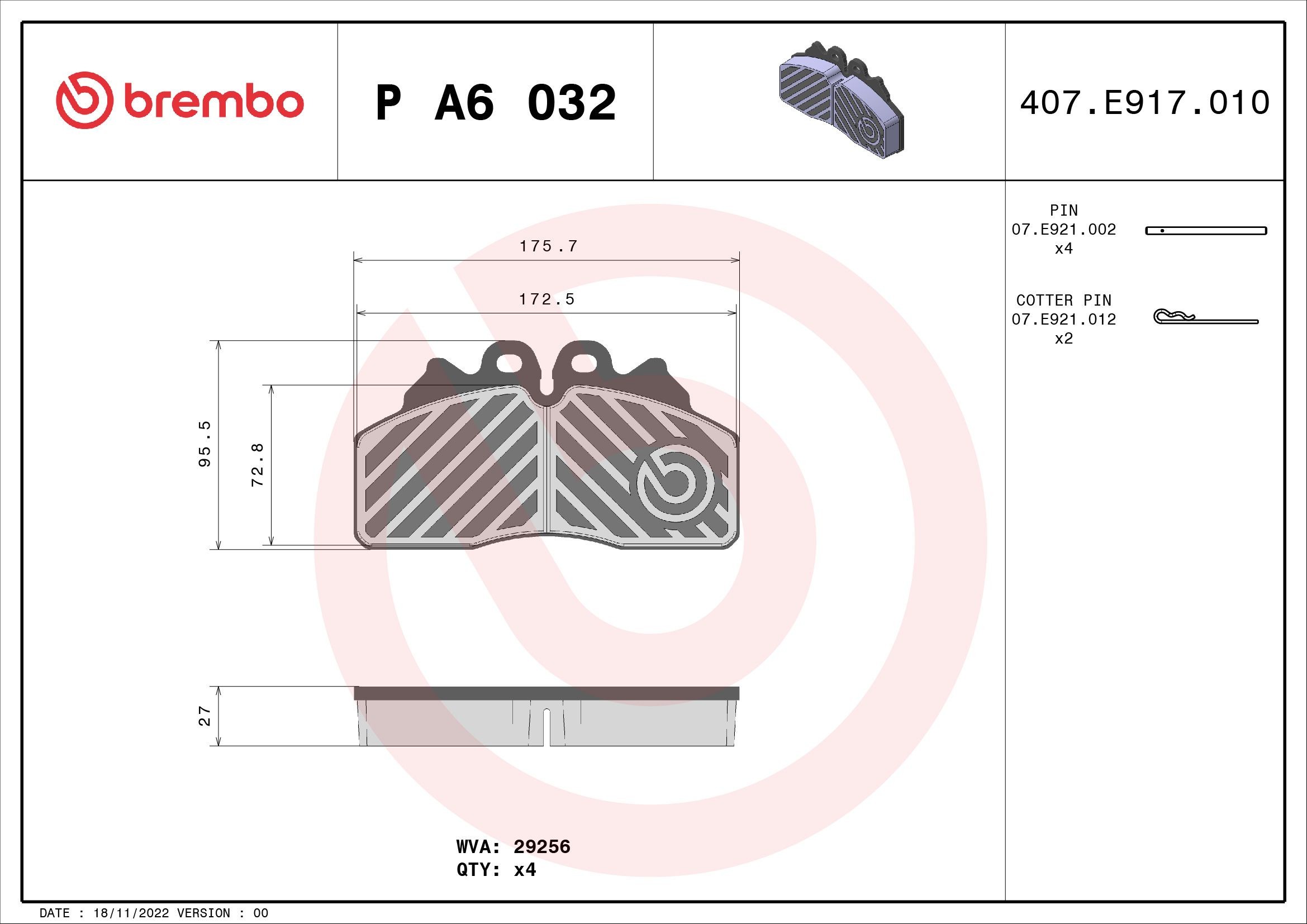 BREMBO prepared for wear indicator, with accessories Height: 96mm, Width: 176mm, Thickness: 27mm Brake pads P A6 032 buy