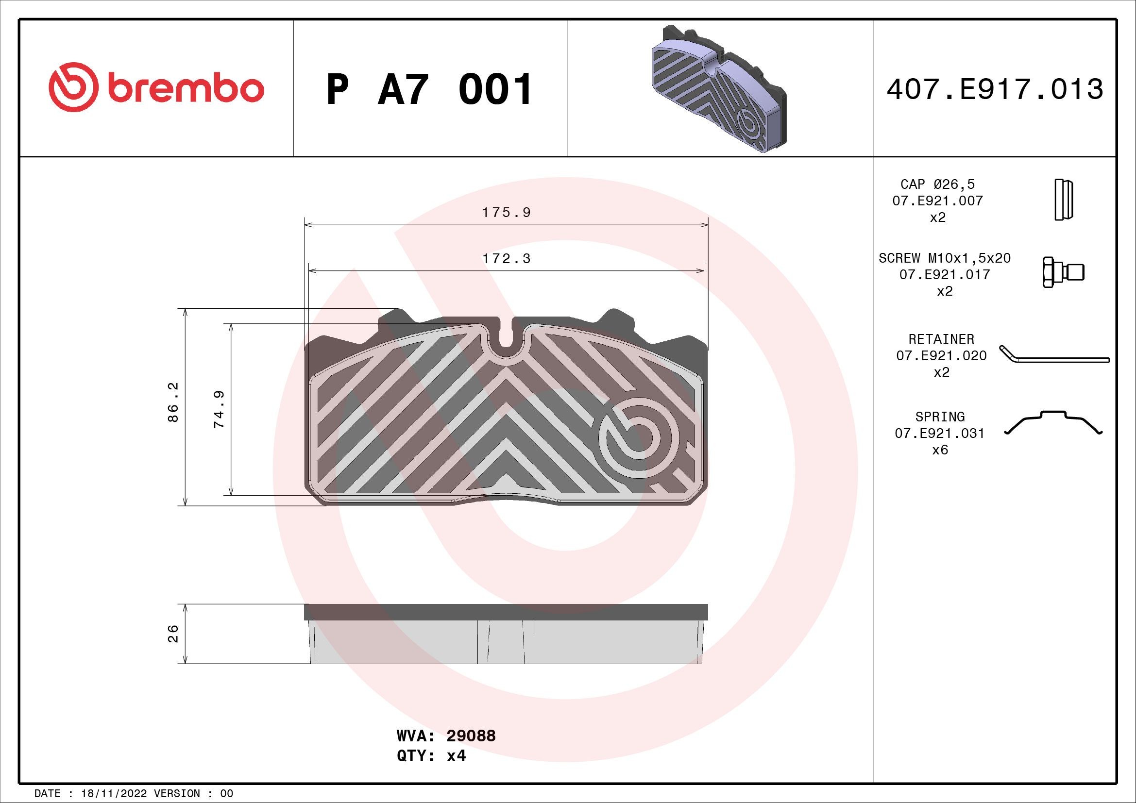 BREMBO prepared for wear indicator, with accessories Height: 86mm, Width: 176mm, Thickness: 26mm Brake pads P A7 001 buy