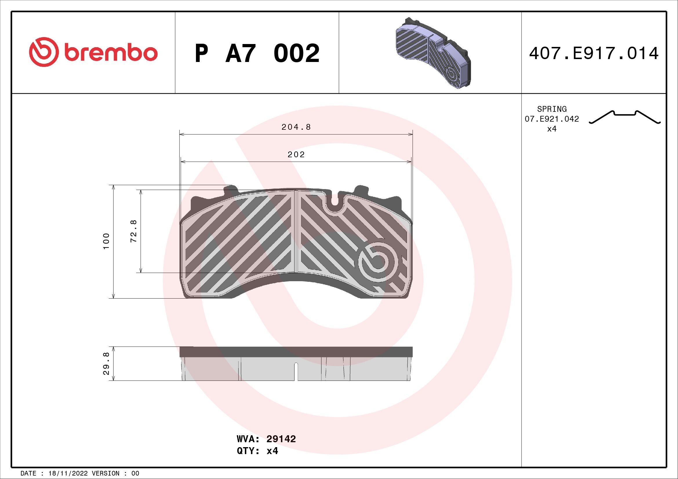 BREMBO P A7 002 Brake pad set prepared for wear indicator, with accessories