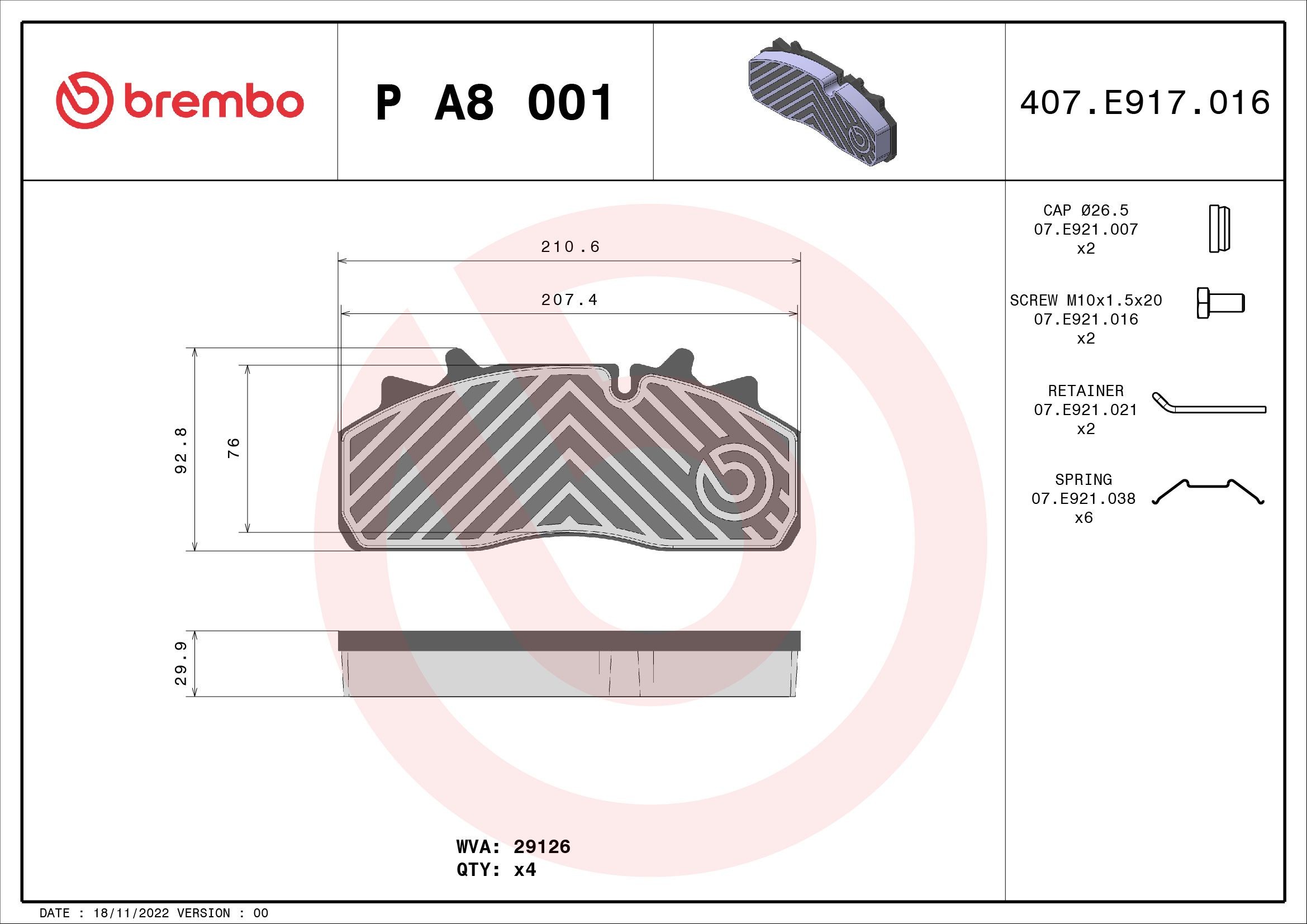 BREMBO P A8 001 Brake pad set prepared for wear indicator, with accessories