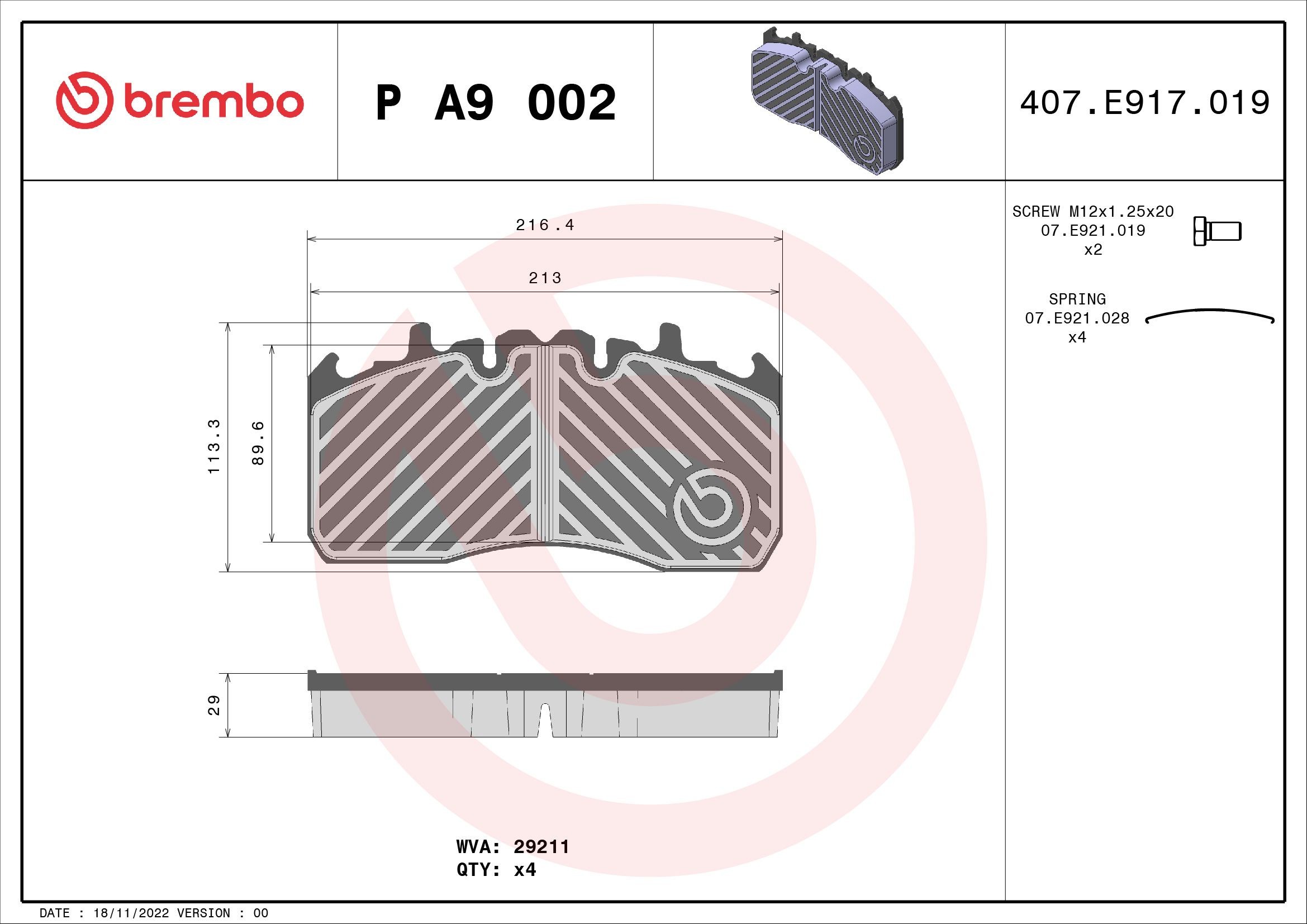BREMBO P A9 002 Brake pad set prepared for wear indicator, with accessories