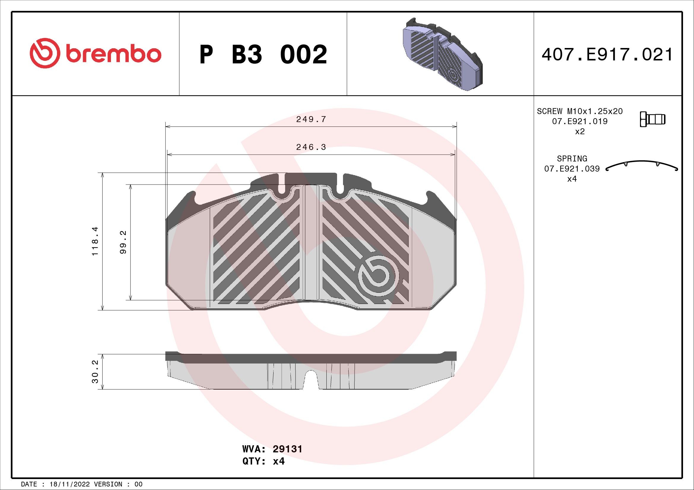 P B3 002 BREMBO Bremsbeläge RENAULT TRUCKS Premium