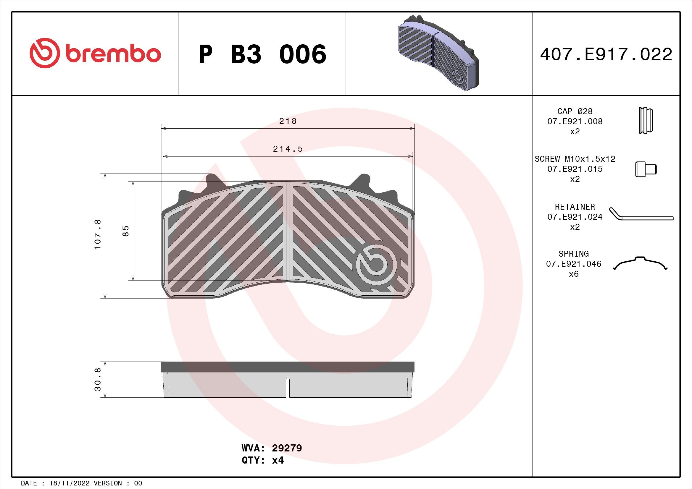 BREMBO excl. wear warning contact, with accessories Height: 108mm, Width: 218mm, Thickness: 31mm Brake pads P B3 006 buy