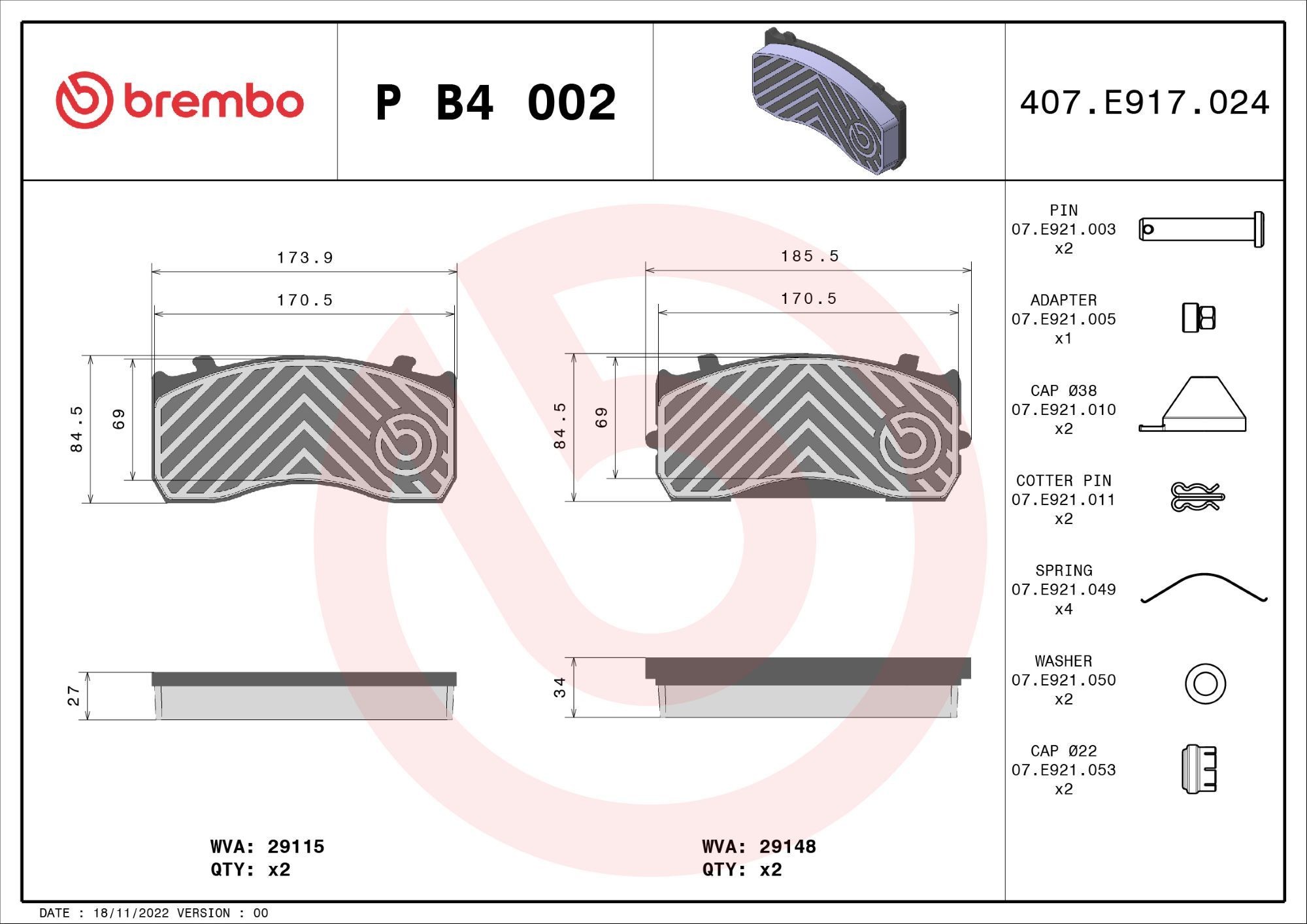 BREMBO excl. wear warning contact, with accessories Height: 85mm, Width 1: 174mm, Width 2 [mm]: 186mm, Thickness 1: 27mm, Thickness 2: 34mm Brake pads P B4 002 buy