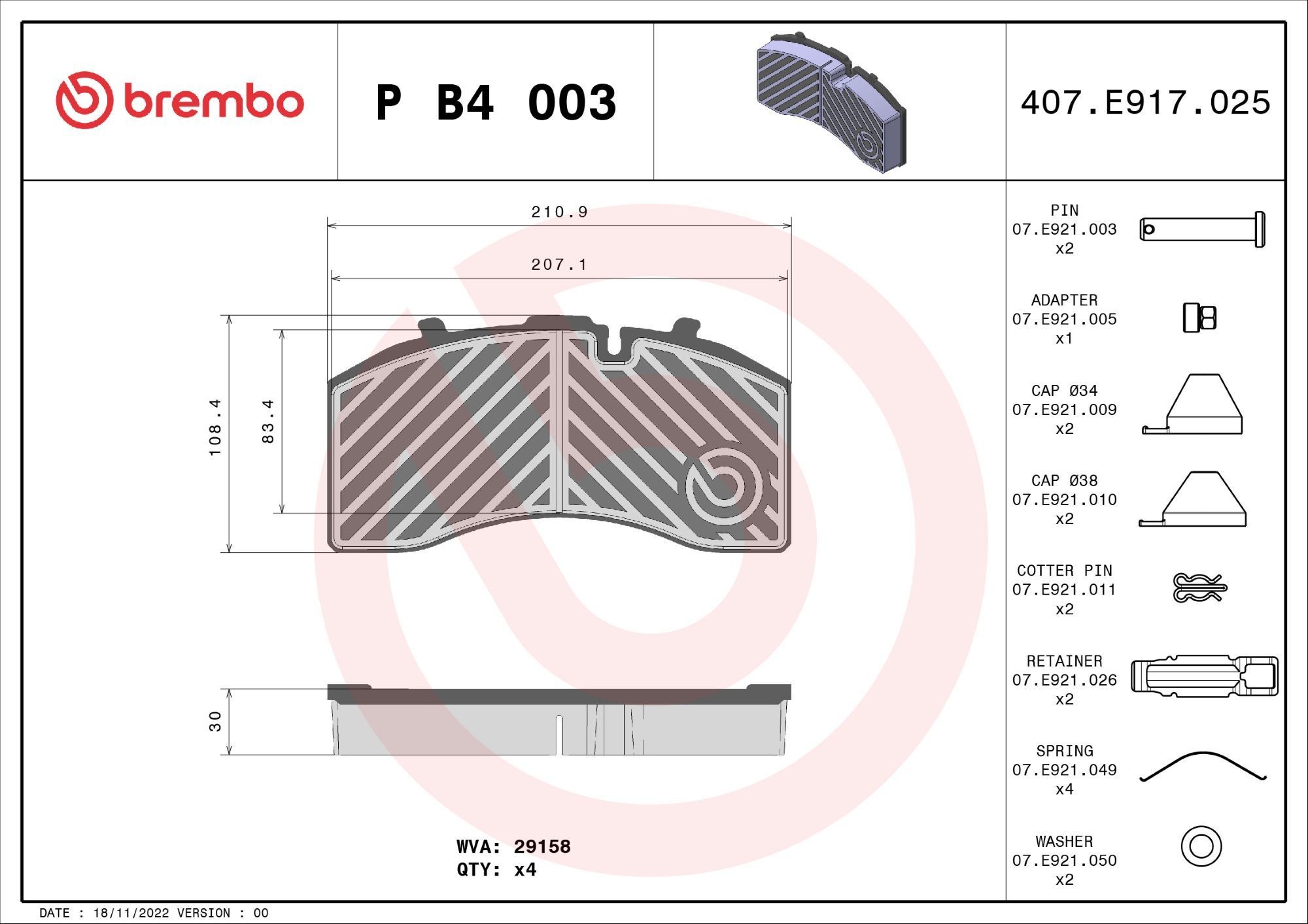 BREMBO prepared for wear indicator, with accessories Height: 108mm, Width: 211mm, Thickness: 30mm Brake pads P B4 003 buy