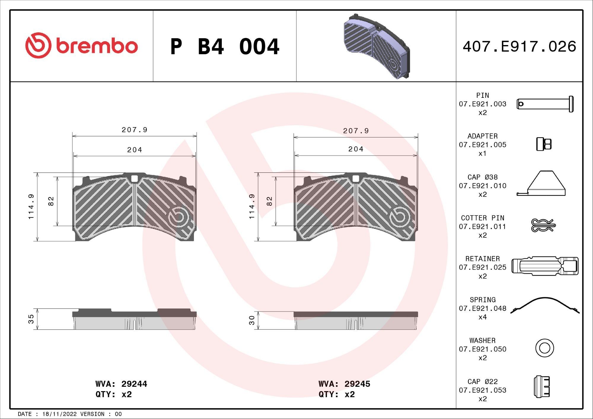 BREMBO excl. wear warning contact, with accessories Height: 115mm, Width: 208mm, Thickness 1: 30mm, Thickness 2: 35mm Brake pads P B4 004 buy