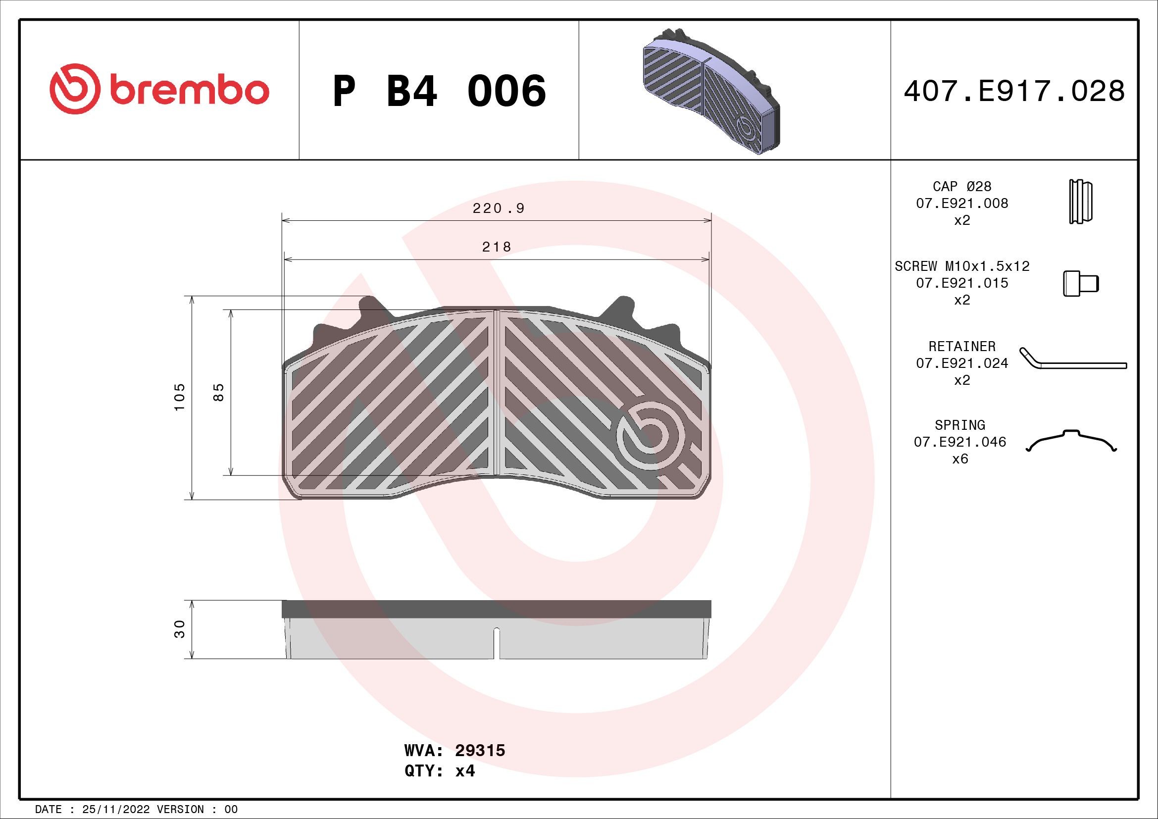 BREMBO excl. wear warning contact, with accessories Height: 105mm, Width: 221mm, Thickness: 30mm Brake pads P B4 006 buy