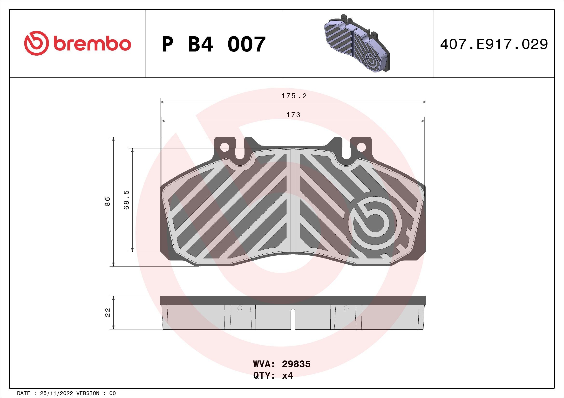 BREMBO PB4007 Komplet zavornih oblog, ploscne (kolutne) zavore 004 420 48 20